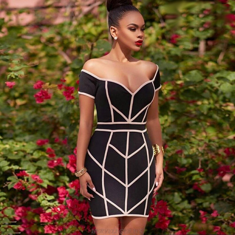 Herve Leger Black Pink Short Sleeve Bardot Contrast Dress