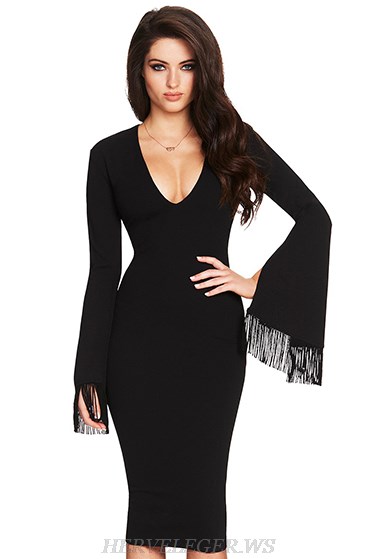 Herve Leger Black Tassel Long Sleeve V Neck Dress