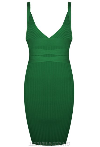 Herve Leger Green V Neck Dress