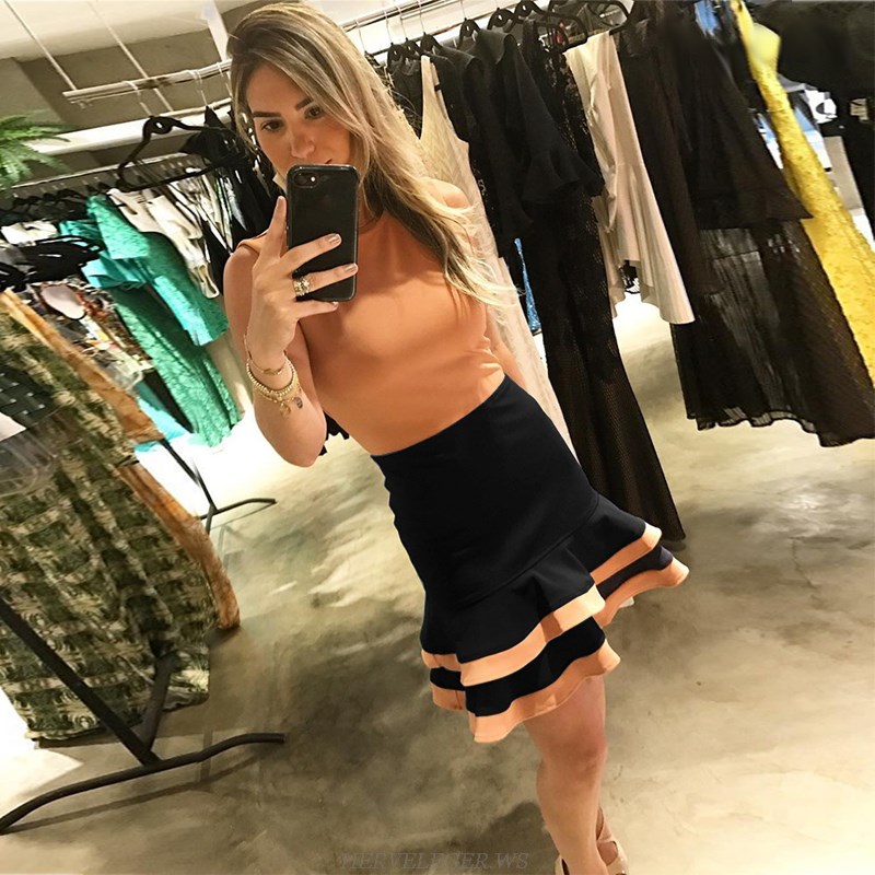 Herve Leger Coral Black A Line Colorblock Dress Herve Leger Coral Black A Line Colorblock Dress