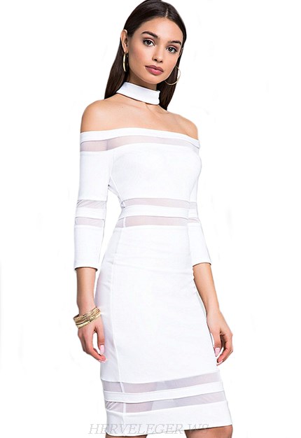 Herve Leger White Choker Bardot Mesh Dress