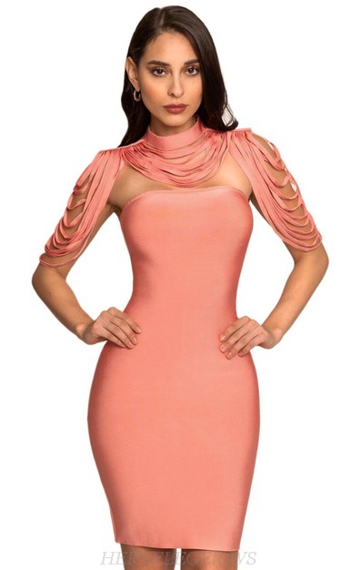 Herve Leger Coral Pink Collar Bandeau Dress