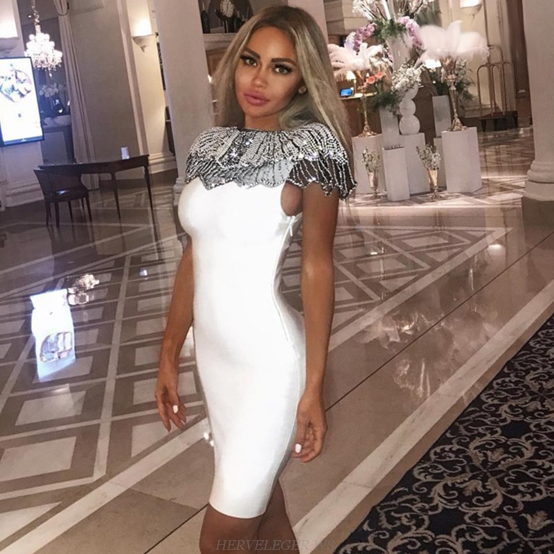 Herve Leger White Embellished Dress