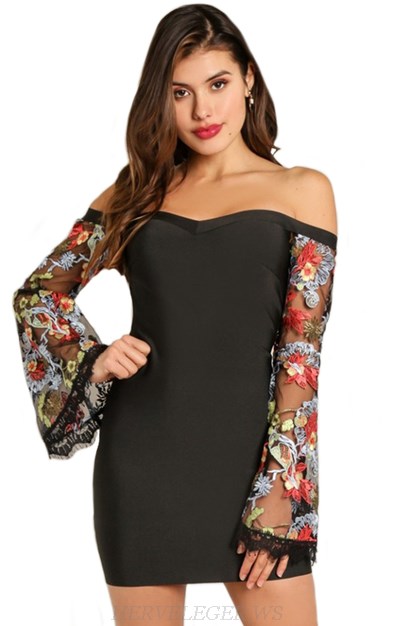 Herve Leger Black Floral Embroidered Long Sleeve Bardot Dress