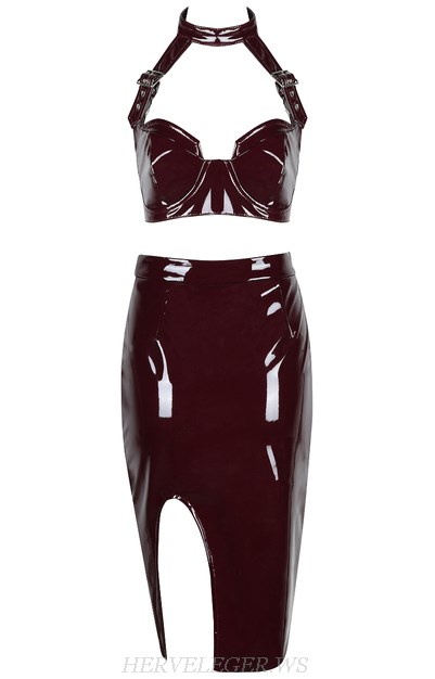 Herve Leger Burgundy Halter Two Piece PU Dress Herve Leger Burgundy Halter Two Piece PU Dress