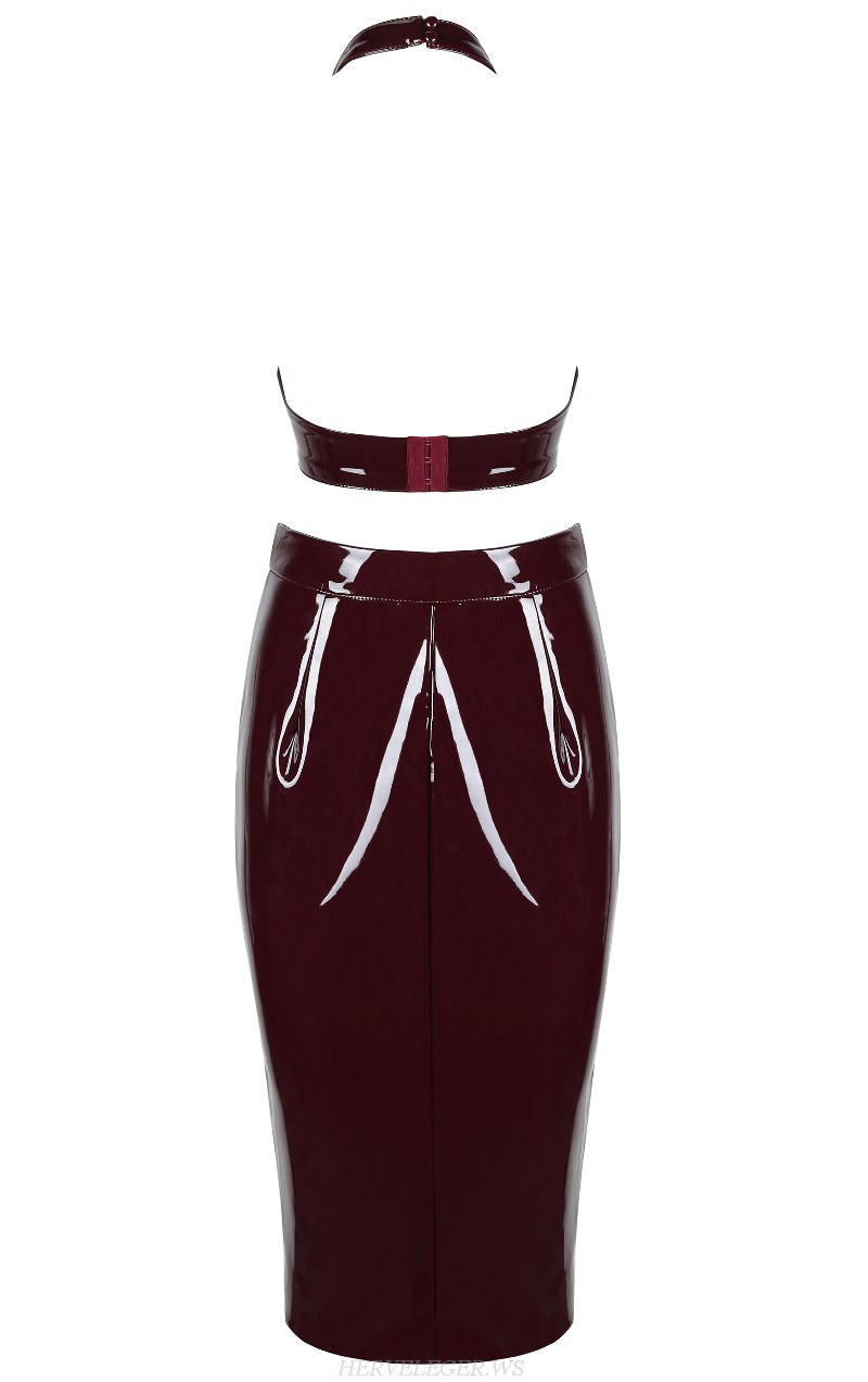 Herve Leger Burgundy Halter Two Piece PU Dress
