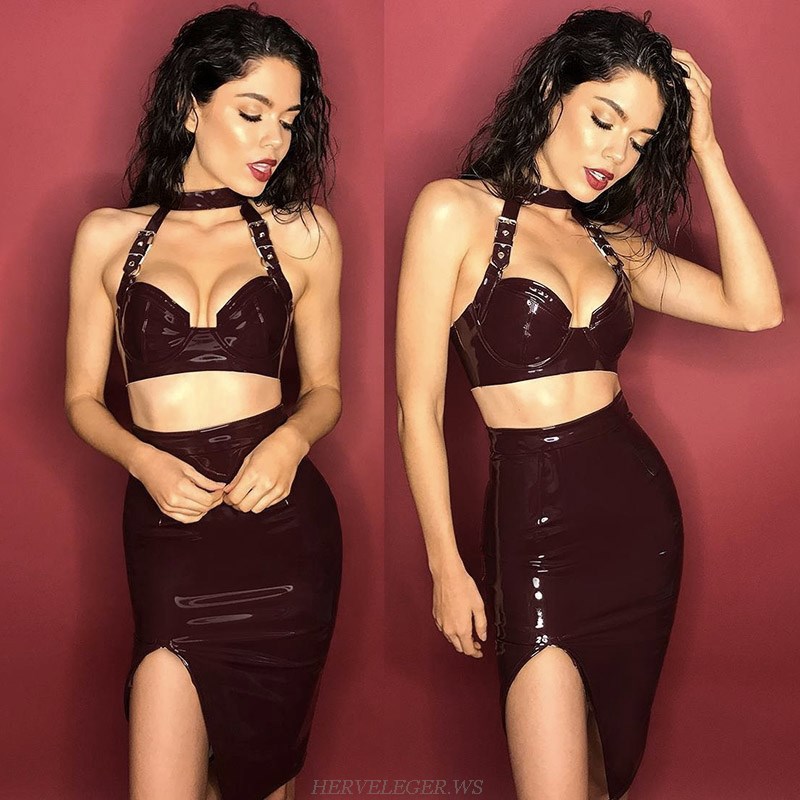 Herve Leger Burgundy Halter Two Piece PU Dress
