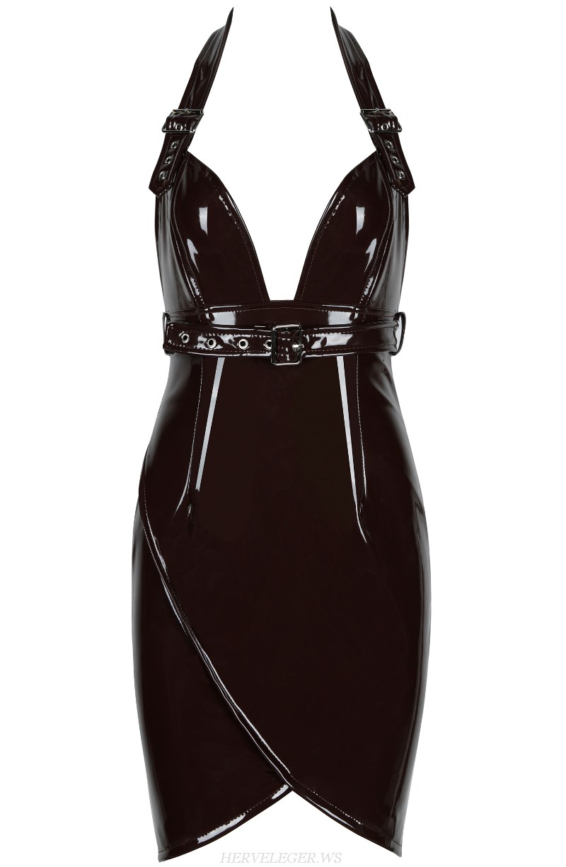 Herve Leger Black Halter PU Dress