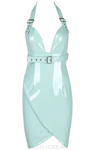 Herve Leger Mint Halter PU Dress Herve Leger Mint Halter PU Dress
