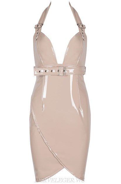 Herve Leger Nude Halter PU Dress Herve Leger Nude Halter PU Dress