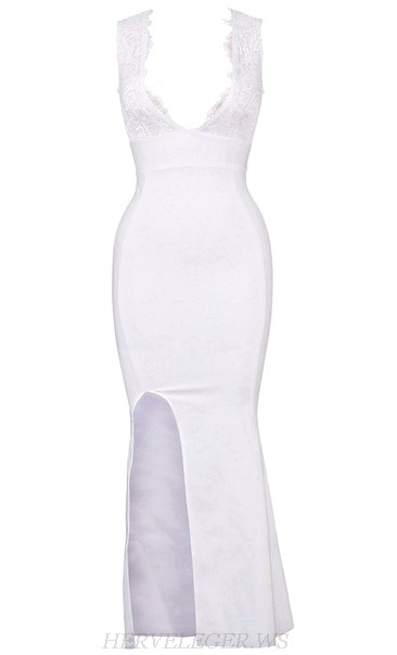 Herve Leger White Lace Insert Mermaid Evening Dress