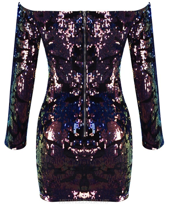 Herve Leger Long Sleeve Bardot Gradient Sequin Dress