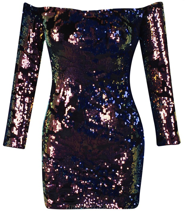 Herve Leger Long Sleeve Bardot Gradient Sequin Dress