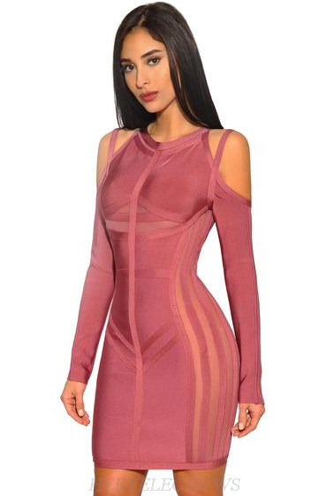 Herve Leger Blush Pink Long Sleeve Cold Shoulder Mesh Dress