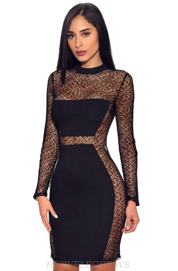 Herve Leger Black Long Sleeve Crochet Insert Dress