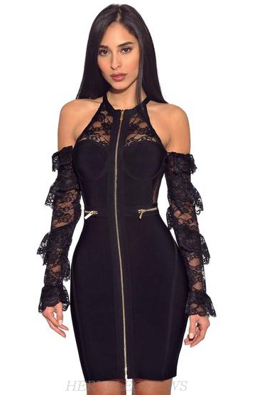 Herve Leger Black Long Sleeve Lace Cold Shoulder Dress