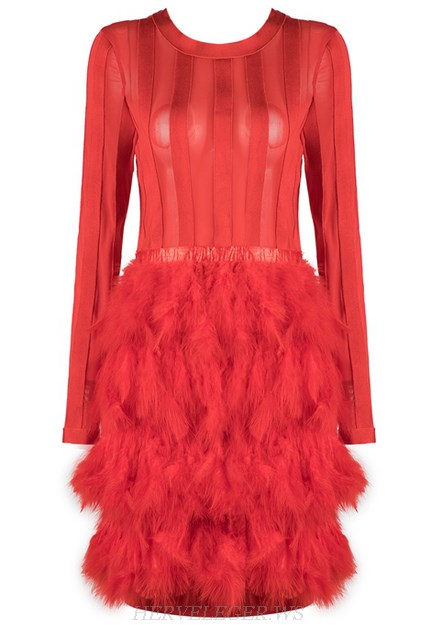 Herve Leger Red Long Sleeve Mesh Feather Dress