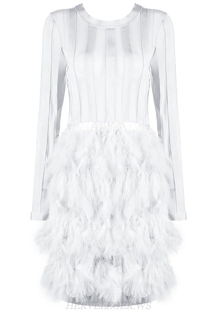 Herve Leger White Long Sleeve Mesh Feather Dress