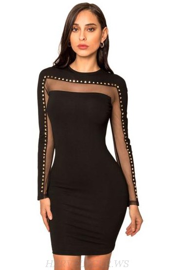 Herve Leger Black Long Sleeve Mesh Studded Dress