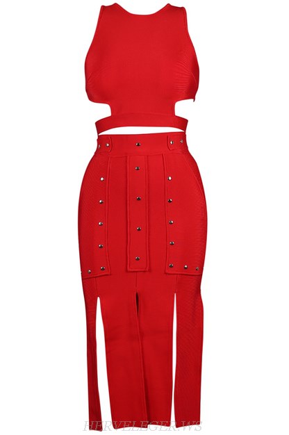 Herve Leger Red Multi Slit Two Piece Dress
