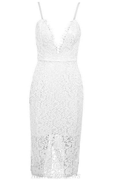 Herve Leger White Plunge V Neck Lace Dress
