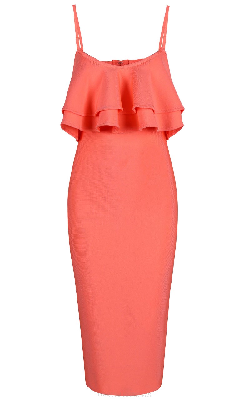 Herve Leger Coral Ruffle Dress