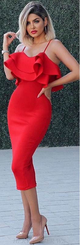 Herve Leger Red Ruffle Dress