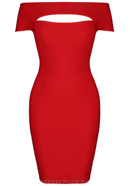 Herve Leger Red Short Sleeve Bardot Dress