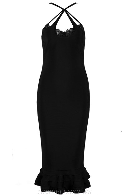 Herve Leger Black Strappy Lace Fluted Dress
