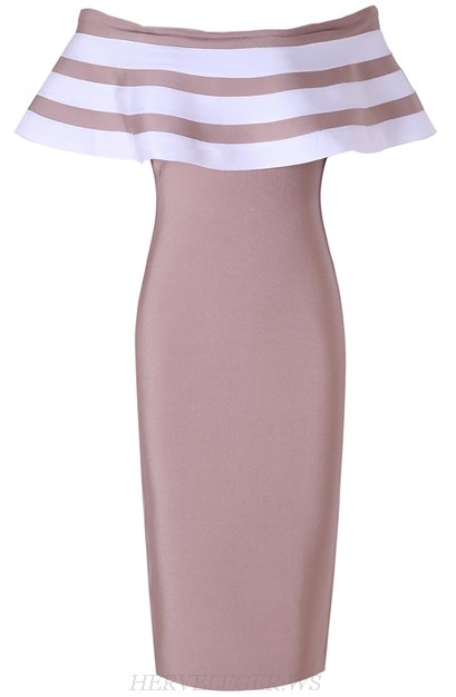 Herve Leger Dusty Pink White Striped Ruffle Bardot Dress