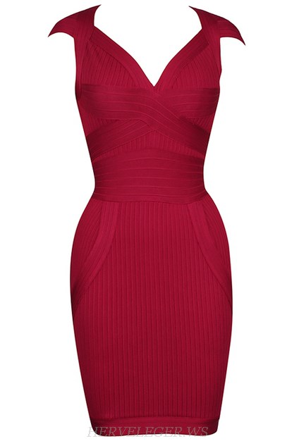 Herve Leger Dark Red Sweetheart Ribbed Dress Herve Leger Dark Red Sweetheart Ribbed Dress