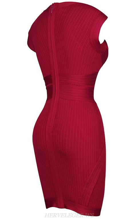 Herve Leger Dark Red Sweetheart Ribbed Dress