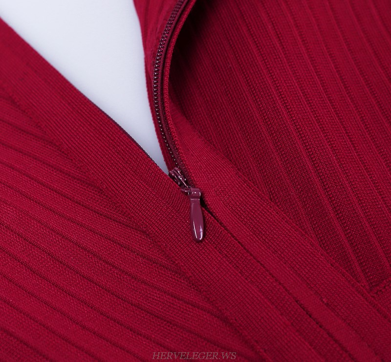 Herve Leger Dark Red Sweetheart Ribbed Dress