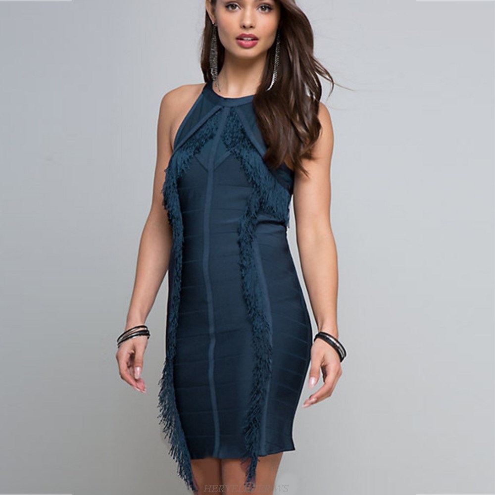 Herve Leger Prussian Blue Tassel Dress
