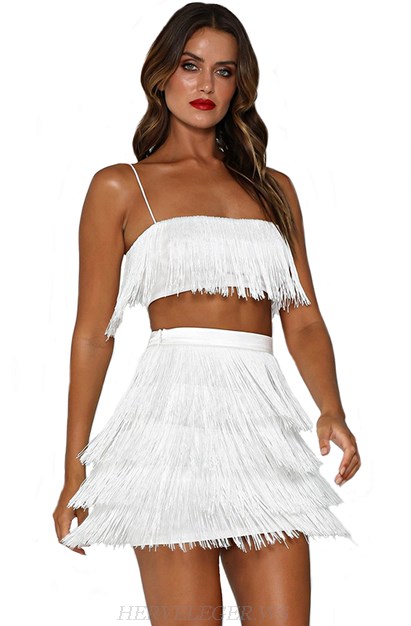 Herve Leger White Tassel Two Piece Dress