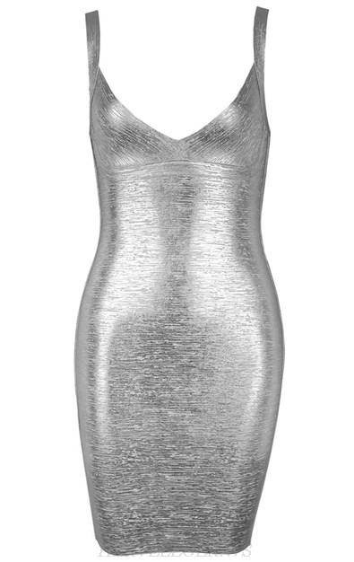 Herve Leger Arctic Silver Woodgrain Foil Print Dress