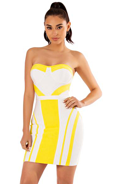 Herve Leger White Yellow Bandeau Bustier Dress