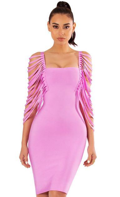 Herve Leger Pink Fringe Sleeve Dress