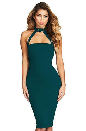 Herve Leger Green Halter Buckle Detail Dress
