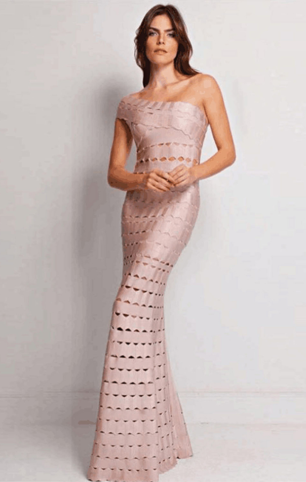 Herve Leger Nude One Shoulder Laser Cut Mermaid Gown