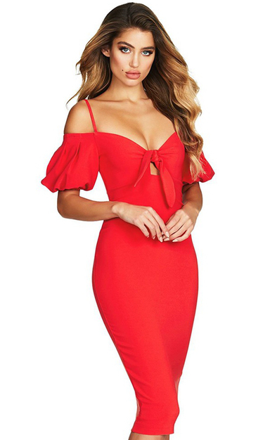 Herve Leger Red Puff Sleeve Bardot Dress