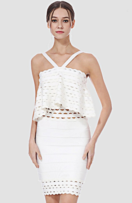 Herve Leger White Scalloped Ruffle Laser Cut Dress