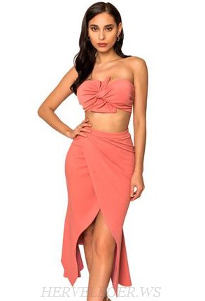 Herve Leger Coral Pink Bandeau Two Piece Strapless Dress