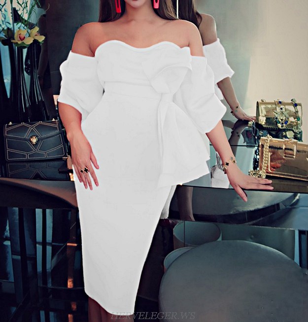 Herve Leger White Bardot Bow Detail Strapless Dress
