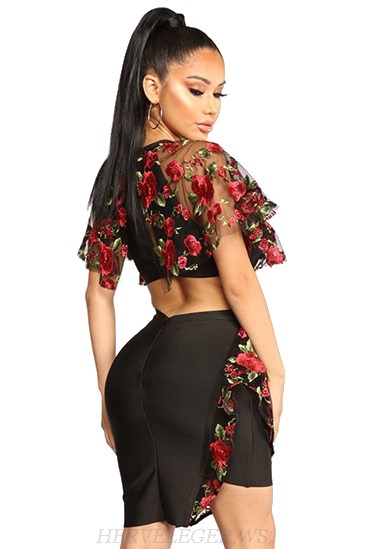 Herve Leger Black Embroidered Mesh Bandage Dress