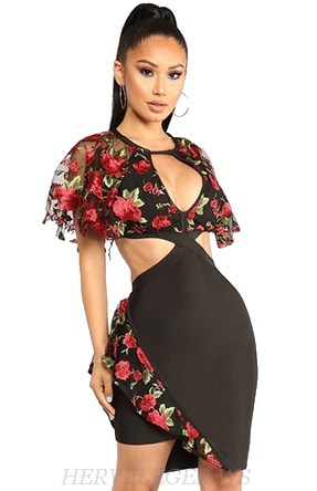 Herve Leger Black Embroidered Mesh Bandage Dress