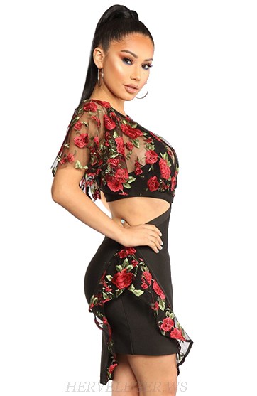 Herve Leger Black Embroidered Mesh Bandage Dress