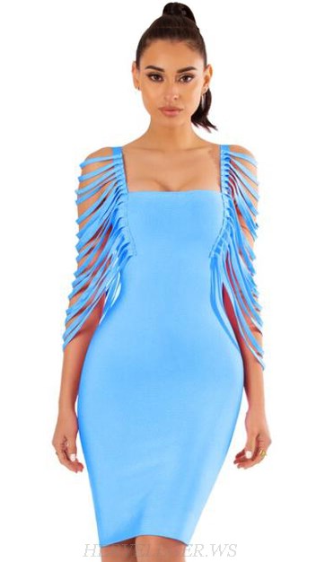 Herve Leger Blue Fringe Sleeve Bandage Dress