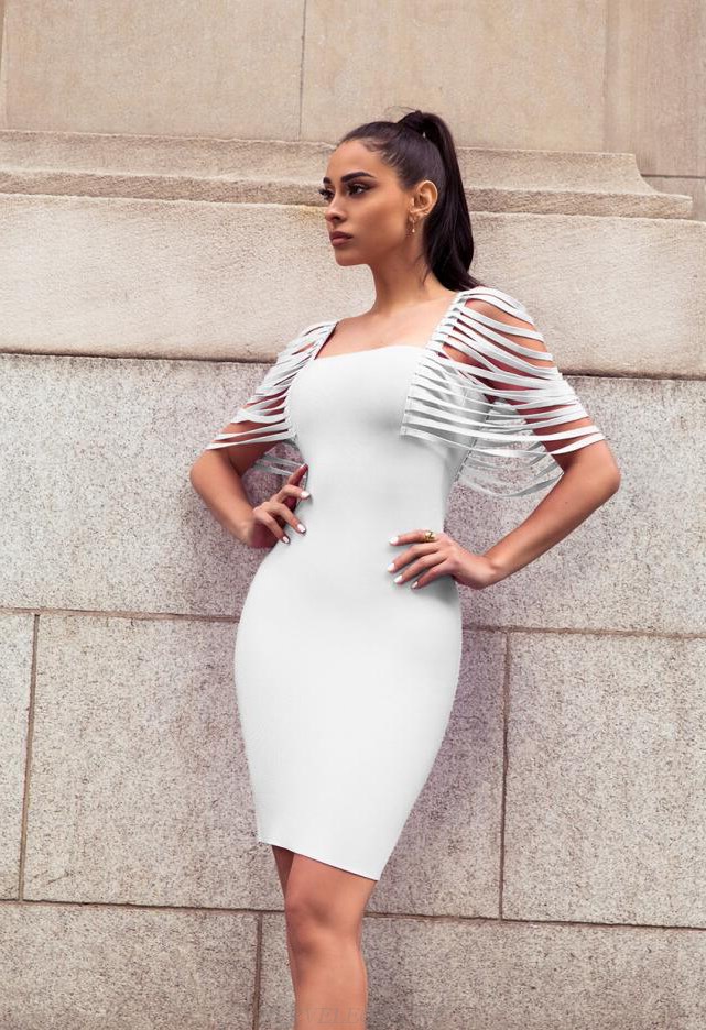 Herve Leger White Fringe Sleeve Bandage Dress Herve Leger White Fringe Sleeve Bandage Dress