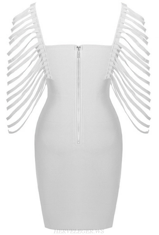 Herve Leger White Fringe Sleeve Bandage Dress